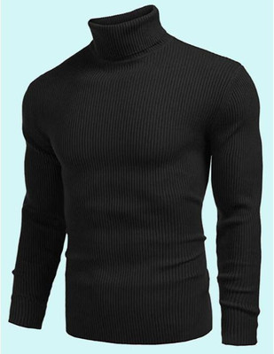 R ARHAN Self Design Turtle Neck Casual Men Black Sweater