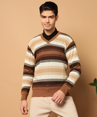 SILVANUS Colorblock V Neck Casual Men Brown Sweater