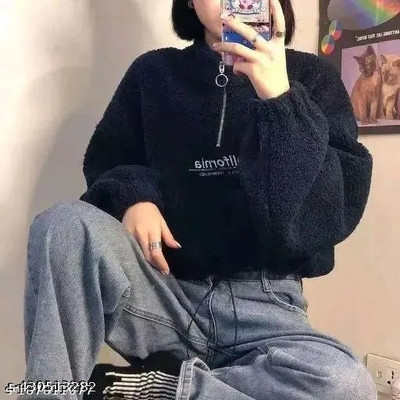 USA Fantasy Solid Round Neck Casual Women Black Sweater