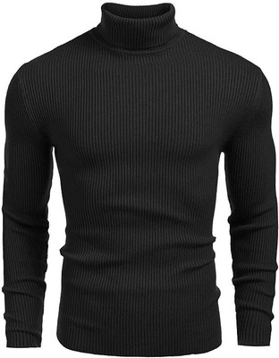 Ekom Striped High Neck Casual Men Black Sweater