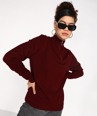 NUMERO UNO Solid High Neck Casual Women Maroon Sweater