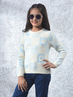 CRIMSOUNE CLUB Graphic Print Round Neck Casual Girls Blue Sweater