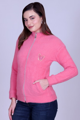Pyro Spirit Solid Round Neck Casual Women Pink Sweater