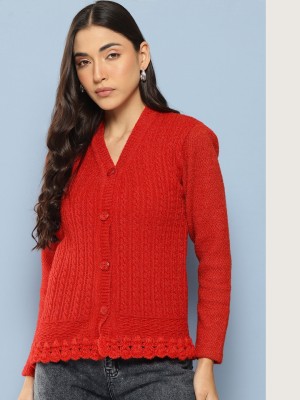 Aarika Self Design V Neck Casual Women Red Sweater