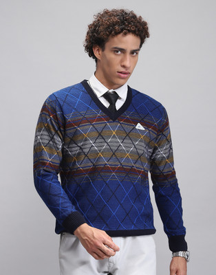 MONTE CARLO Self Design V Neck Casual Men Blue Sweater