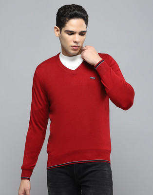 Cloak & Decker Solid V Neck Casual Men Red Sweater
