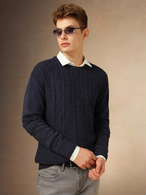 Dennis Lingo Solid Crew Neck Casual Men Dark Blue Sweater