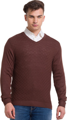 COLORPLUS Self Design V Neck Casual Men Brown Sweater