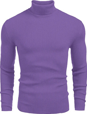 HouseOfCommon Striped High Neck Casual Men Purple Sweater