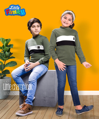 Little Funky Colorblock High Neck Casual Boys & Girls Green Sweater