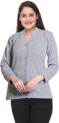 Sanzzy Solid V Neck Casual Women Grey Sweater