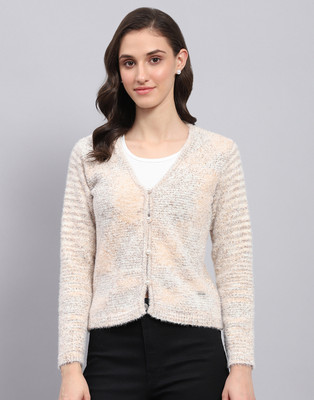 MONTE CARLO Self Design V Neck Casual Women Beige Sweater