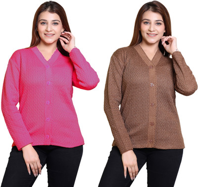 Japroz Self Design V Neck Formal Women Pink, Brown Sweater