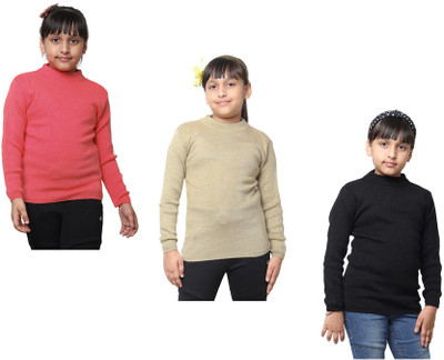 IndiWeaves Solid Round Neck Casual Baby Girls Orange, Beige, Black Sweater