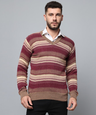 DRESSBASE Striped V Neck Casual Men Brown Sweater