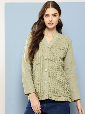 MUHURATAM Solid V Neck Casual Women Green Sweater