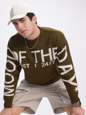 Glitchez Self Design Round Neck Casual Men Green Sweater