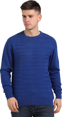 TURTLE Self Design Round Neck Casual Men Blue Sweater