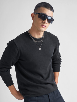 HIGHLANDER Solid Round Neck Casual Men Black Sweater