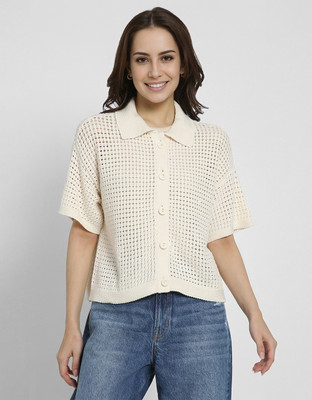 American Eagle Self Design Collared Neck Casual Women Beige Sweater