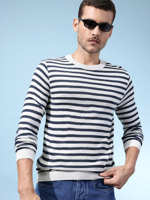 Glitchez Striped Round Neck Casual Men White, Black Sweater