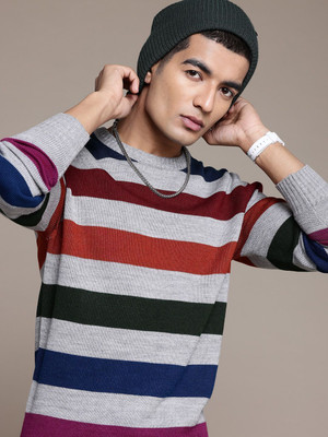 Roadster Striped Round Neck Casual Men Grey Sweater