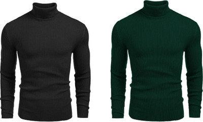 HouseOfCommon Self Design High Neck Casual Men Grey, Green Sweater