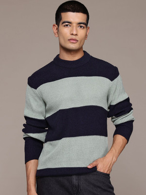 Roadster Striped Round Neck Casual Men Grey Sweater