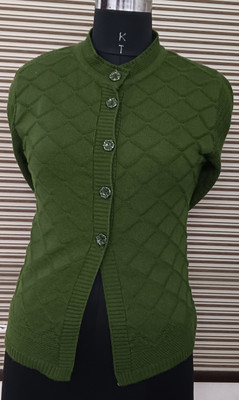 Keshavi Self Design Mandarin Neck Casual Women Dark Green Sweater