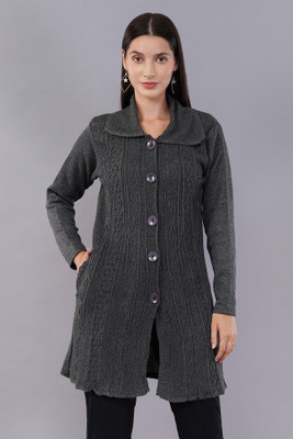 CURIOUS FASHION Self Design Collared Neck Casual Women Grey Sweater