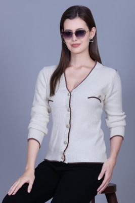 BlessIntimates Solid Round Neck Casual Women White Sweater
