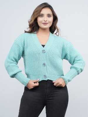 FEVERFEW Solid V Neck Party Women Blue Sweater