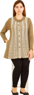 manra Self Design Round Neck Casual Women Beige Sweater