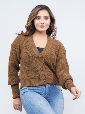 HouseOfCommon Self Design V Neck Party Women Brown Sweater