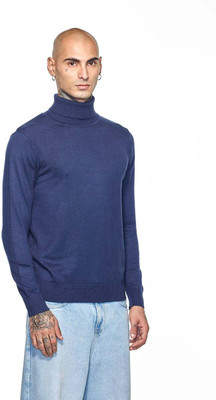 Snitch Solid Turtle Neck Casual Men Blue Sweater