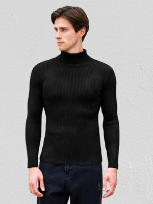 LIME Self Design Turtle Neck Casual Men Black Sweater