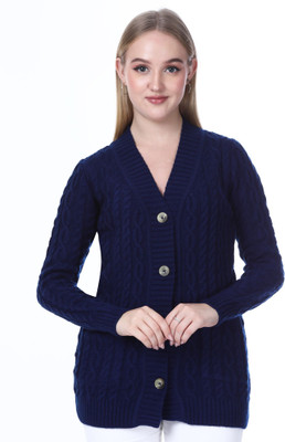 NOQUO Self Design V Neck Casual Women Dark Blue Sweater