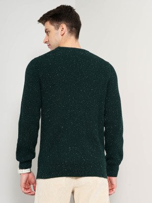 Celio Printed Round Neck Casual Men Green Sweater