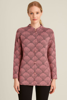 urban trees Argyle Mandarin Neck Casual Women Pink Sweater