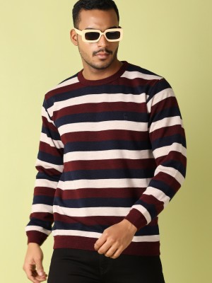 V-MART Striped Round Neck Casual Men Maroon Sweater