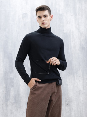 WROGN Solid High Neck Casual Men Black Sweater