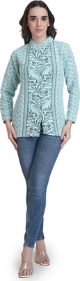 manra Printed Round Neck Casual Women Light Blue Sweater