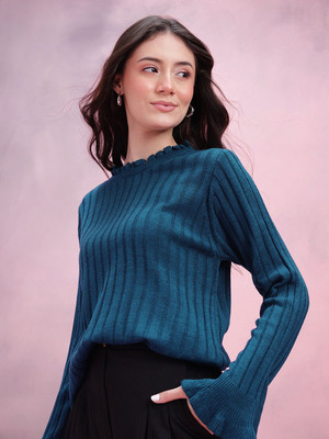 Dressberry Striped Round Neck Casual Women Blue Sweater
