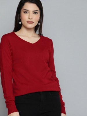 CHEMISTRY Solid V Neck Casual Women Red Sweater