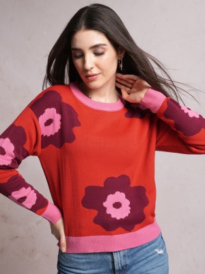 Tokyo Talkies Solid Round Neck Casual Women Red Sweater