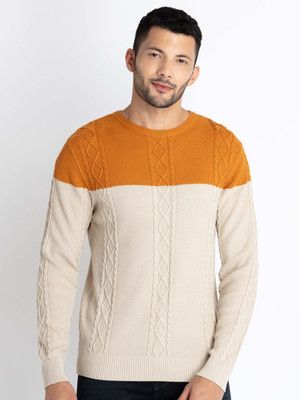 Status Quo Colorblock Round Neck Casual Men Yellow, White Sweater