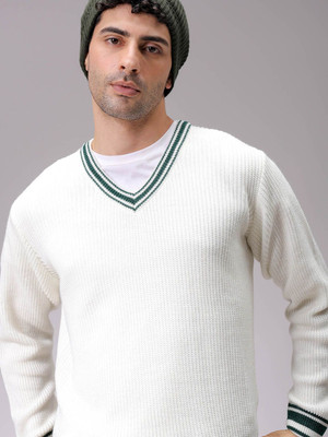 The Indian Garage Co. Solid V Neck Casual Men White Sweater