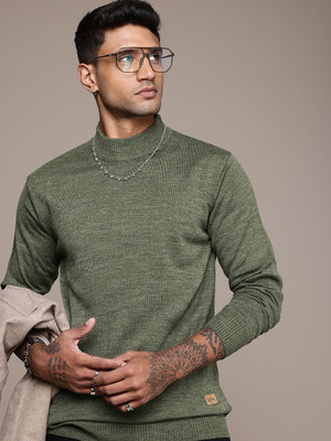 Roadster Solid High Neck Casual Men Green Sweater