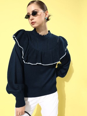 Roadster Self Design Round Neck Casual Women Blue Sweater