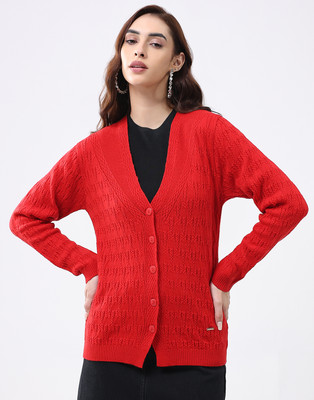 MONTE CARLO Self Design V Neck Casual Women Red Sweater